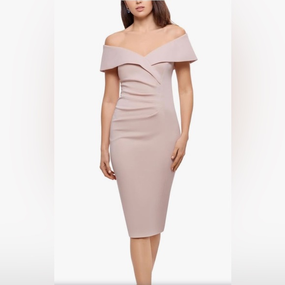 Xscape Dresses & Skirts - Xscape Womens Pink Ruched Pleated Lined Flutter Sleeve Off Shoulder|NWT|SZ8
